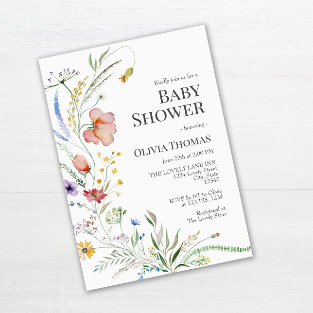 Boho Watercolor Wildflowers Baby Shower Invitation (Boho Watercolor Wildflowers Baby Shower Invitation on white table)
