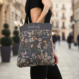 Boho Watercolor Wildflowers Charcoal Floral Tote Bag