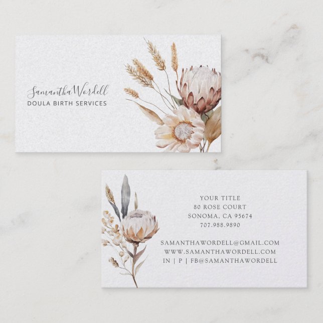 Boho Watercolor Wildflowers Doula Or Midwife  Business Card (Front/Back)