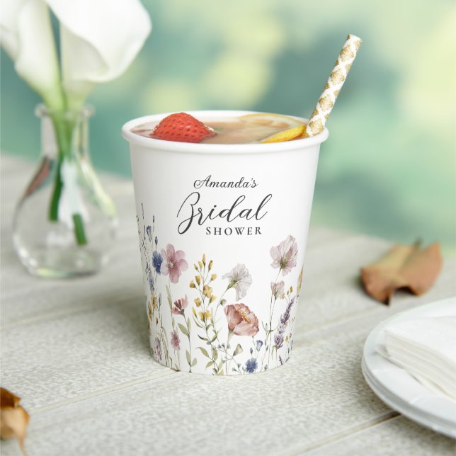 Boho Watercolor Wildflowers Floral Bridal Shower Paper Cups (Insitu)