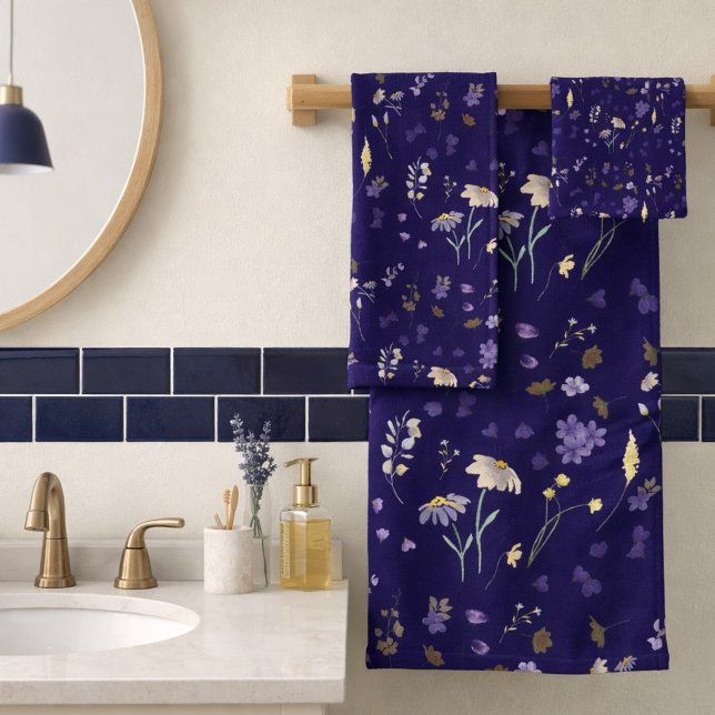 Boho Watercolor Wildflowers Navy  Bath Towel Set (Creator Uploaded)