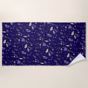 Boho Watercolor Wildflowers Navy  Beach Towel