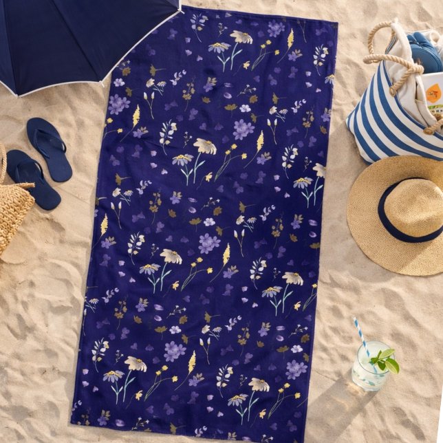 Boho Watercolor Wildflowers Navy  Beach Towel (Creator Uploaded)