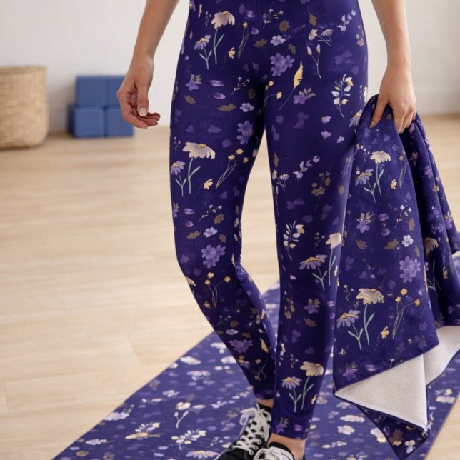 Boho Watercolor Wildflowers Navy  Leggings (Creator Uploaded)
