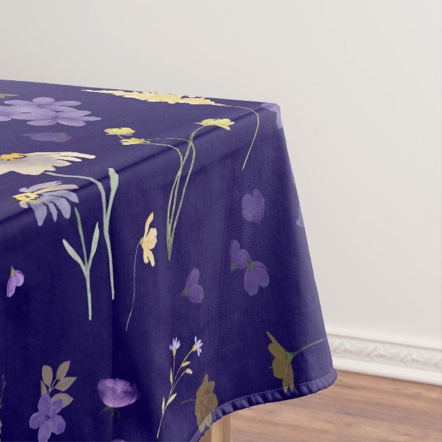 Boho Watercolor Wildflowers Navy  Tablecloth (In Situ)