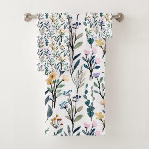 Boho Watercolor Wildflowers Painting Pattern Bath Towel Set
