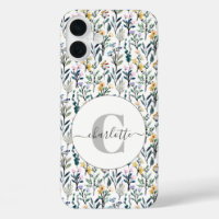 Boho Watercolor Wildflowers Pattern Monogram Name