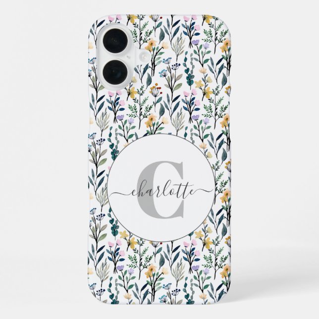 Boho Watercolor Wildflowers Pattern Monogram Name  iPhone Case (Back)