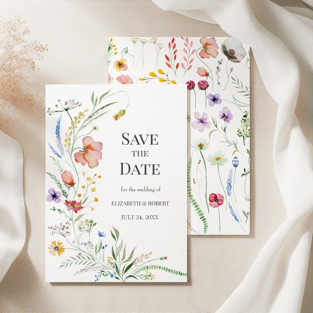 Boho Watercolor Wildflowers Save The Date Card (Boho Watercolor Wildflowers Save The Date Card on elegant silky tableclothes)