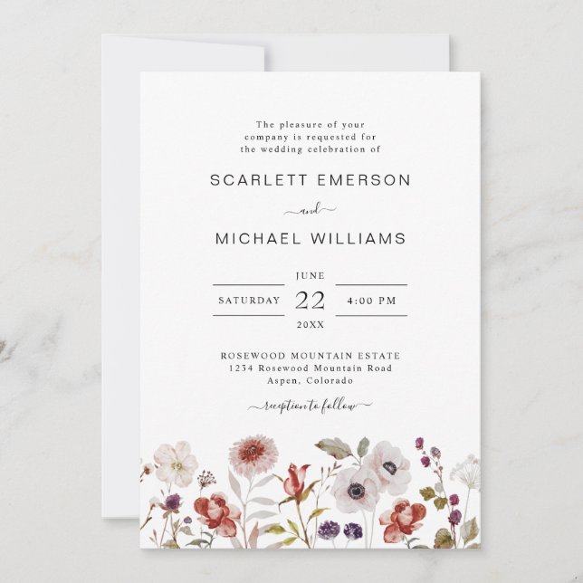 Boho Watercolor Wildflowers Wedding Invitation (Front)