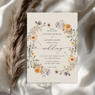 Boho watercolor wildflowers wreath fall earthy invitation