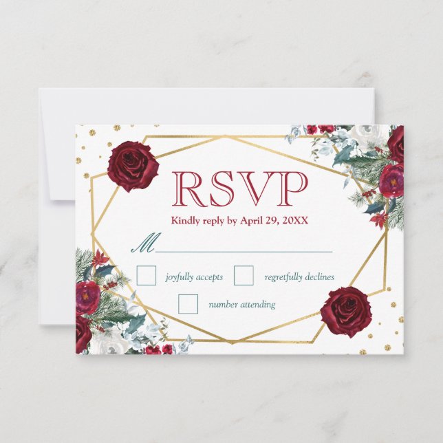 Boho Watercolor Winter Flowers Wedding RSVP Card (Front)