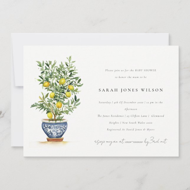 Boho Watercolor Yellow Lemon Tree Baby Shower Invitation (Front)