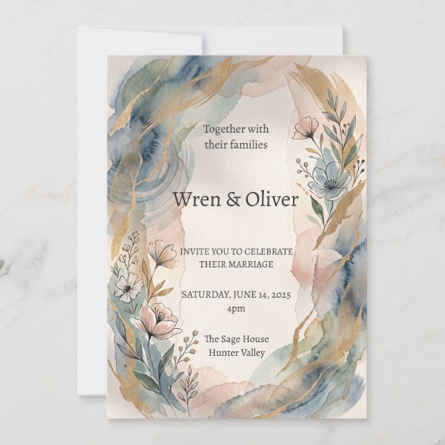 Boho Watercolour Floral Wedding Invitation (Front)