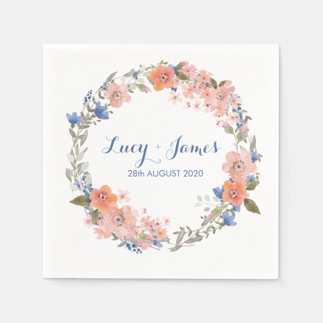 Boho Watercolour Floral Wreath Wedding Napkins (Front)