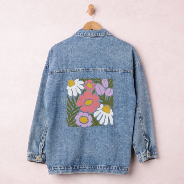Boho Wavy Flower Design Denim Jacket (Hangar)