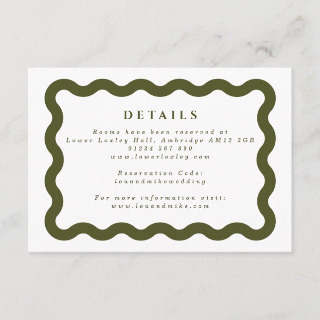 Boho Wavy Frame Green & White Wedding Details Enclosure Card (Front)