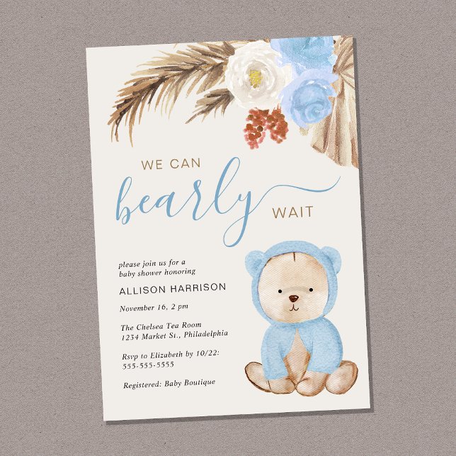 Boho We Can Bearly Wait Baby Boy Shower Invitation (Creator Uploaded)