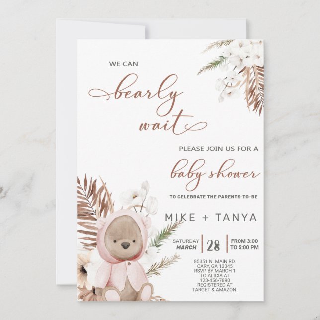 Boho we can bearly wait bear baby shower invite. invitation (Front)