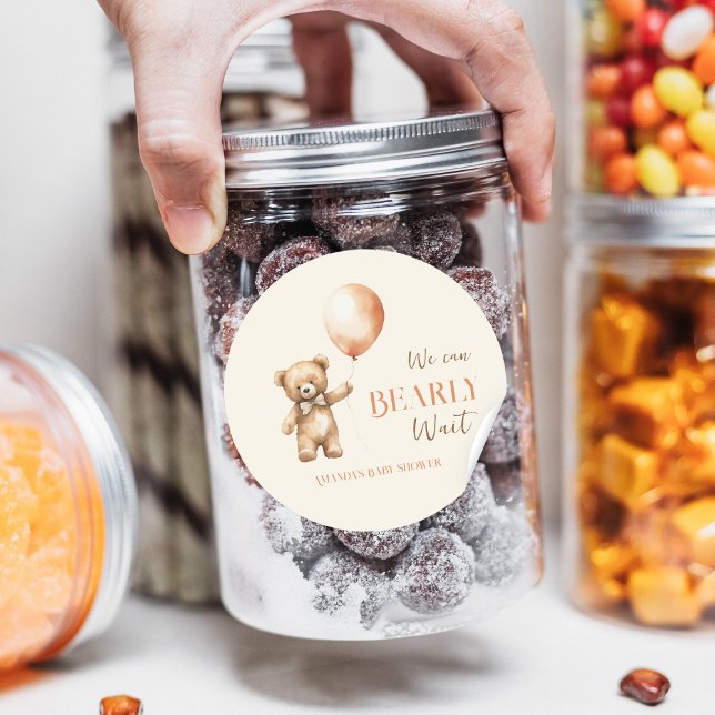 Boho We Can Bearly Wait Beige Bear Baby Shower Classic Round Sticker (Creator Uploaded)