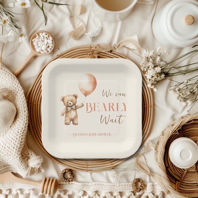 Boho We Can Bearly Wait Beige Bear Baby Shower Paper Plate (Creator Uploaded)