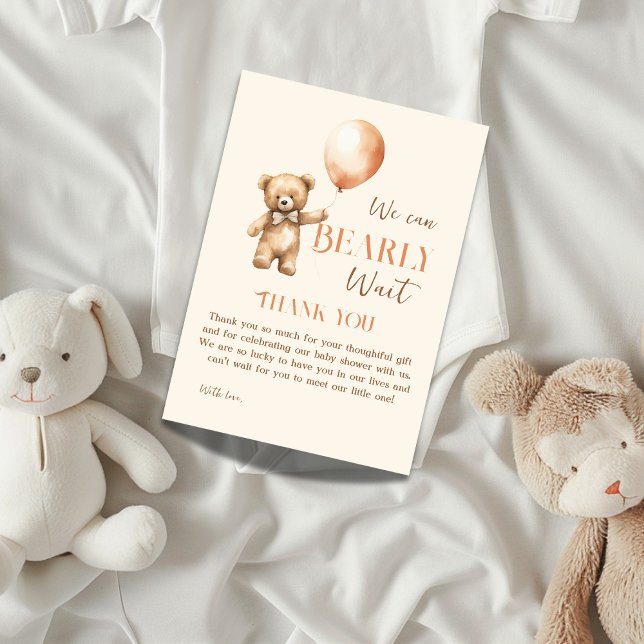 Boho We Can Bearly Wait Beige Bear Baby Shower Thank You Card (Creator Uploaded)