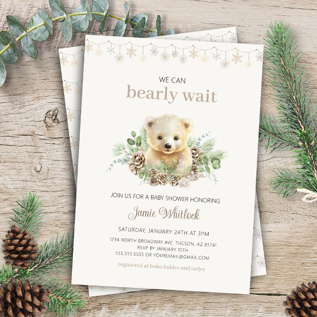 Boho We Can Bearly Wait Winter Baby Shower Invitation (Elegant cream and beige gender neutral we can bearly wait christmas winter baby shower invitation)