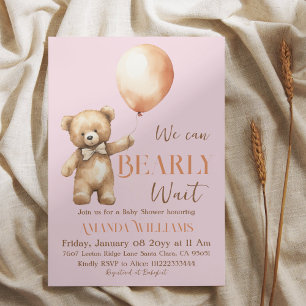 Boho We Can Beary Wait Pink Bear Girl Baby Shower Invitation