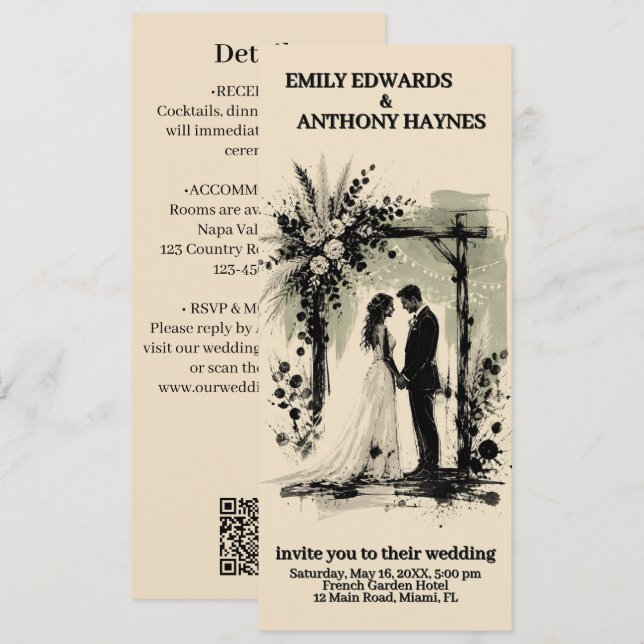 Boho Wedding Arch Invitation with Bride and Groom (Front/Back)