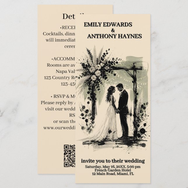 Boho Wedding Arch Invitation with Bride and Groom (Front/Back)