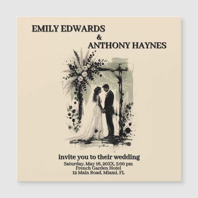 Boho Wedding Arch Invitation with Bride and Groom (Front)