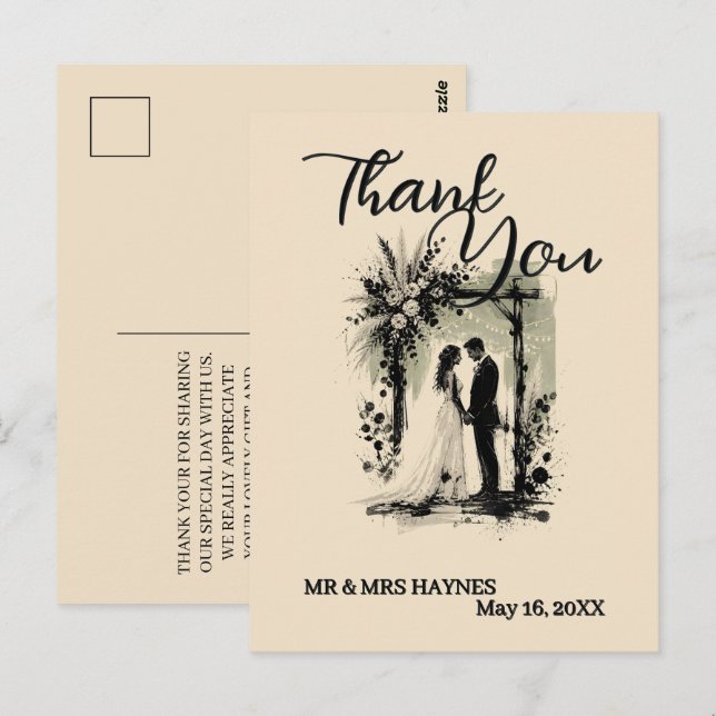 Boho Wedding ArchThank You Card with Bride & Groom (Front/Back)