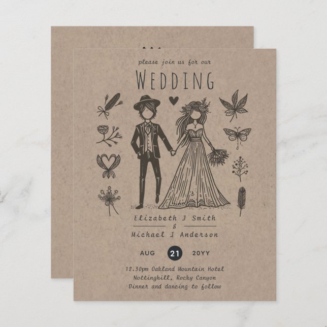 Boho Wedding Cartoon Bride Groom Handdrawn (Front/Back)