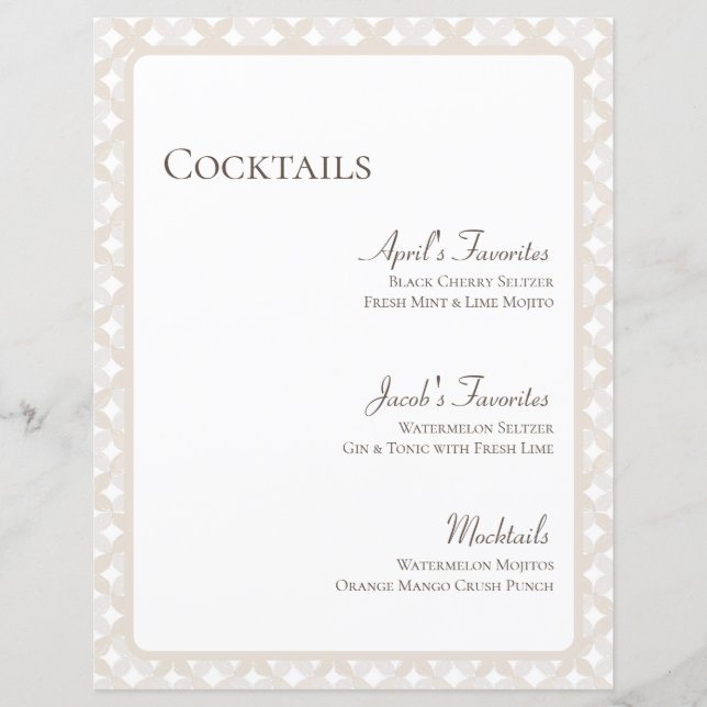Boho Wedding Customisable 8.5X11 Cocktail Menu (Front)