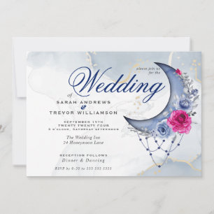 Boho Wedding Esoteric Navy Custom Crescent Moon Invitation
