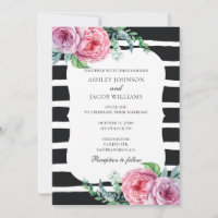 Boho wedding invitation. Black and white striped