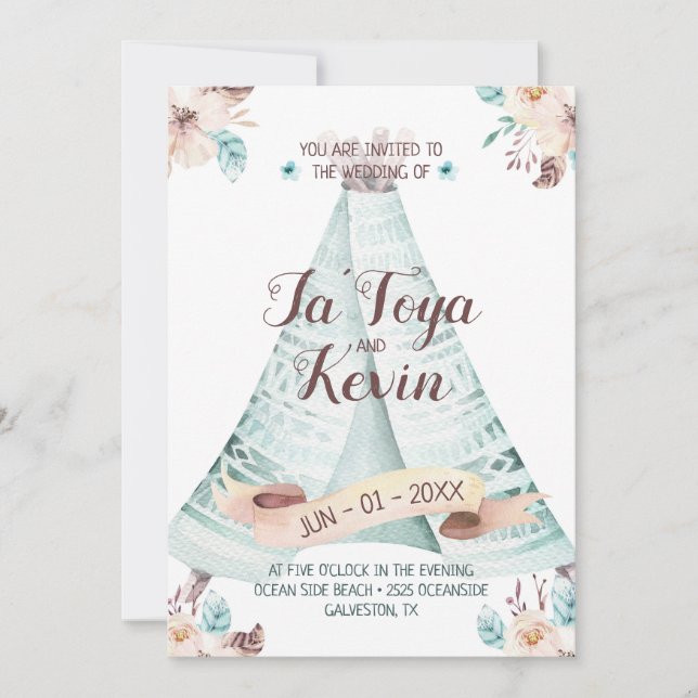 Boho Wedding Invitation Watercolor Floral Teepee (Front)