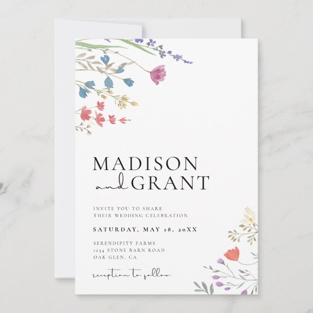 Boho Wedding Invitation, Wildflower Wedding Invite (Front)