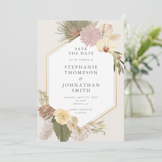 Boho Wedding Pampas Grass Orchid Save the Date Invitation (Standing Front)