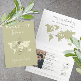 Boho Wedding Passport Sage World Map Invitation