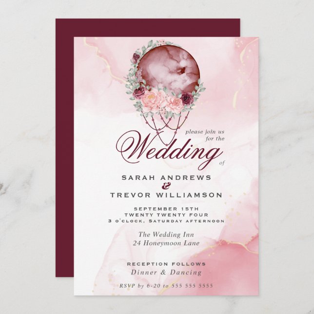 Boho Wedding Pink Maroon Moon Mandala Invitation (Front/Back)