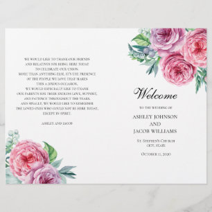 Boho wedding program folded. Summer pink flowers