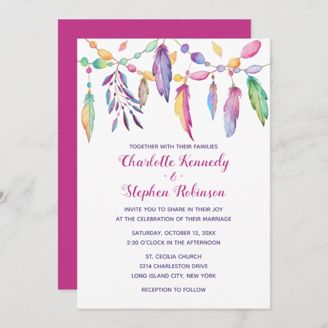 Boho Wedding Purple Feather Native American Indian Invitation (Front/Back)