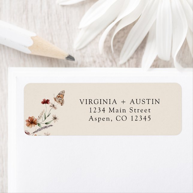 Boho Wedding Return Address Label (Tan Boho Wildflower with Butterfly Wedding Return Address Label by Painted Paperie
)