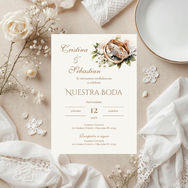Boho wedding rings in Spanish Invitation (Creator Uploaded)