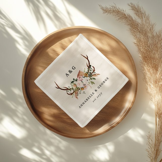 Boho Wedding Rustic Antler Floral Wedding Monogram Napkin (Creator Uploaded)