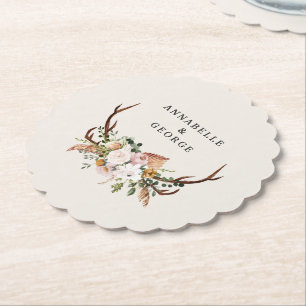 Boho Wedding Rustic Antler Floral Wedding Monogram Paper Coaster