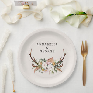 Boho Wedding Rustic Antler Floral Wedding Monogram Paper Plate