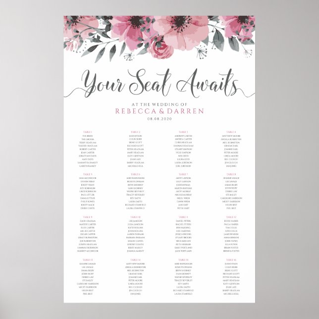 Boho Wedding Seating Chart 16 Tables (Front)
