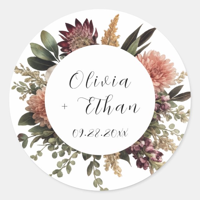 Boho Wedding Sticker Floral Wreath Rustic Editable (Front)